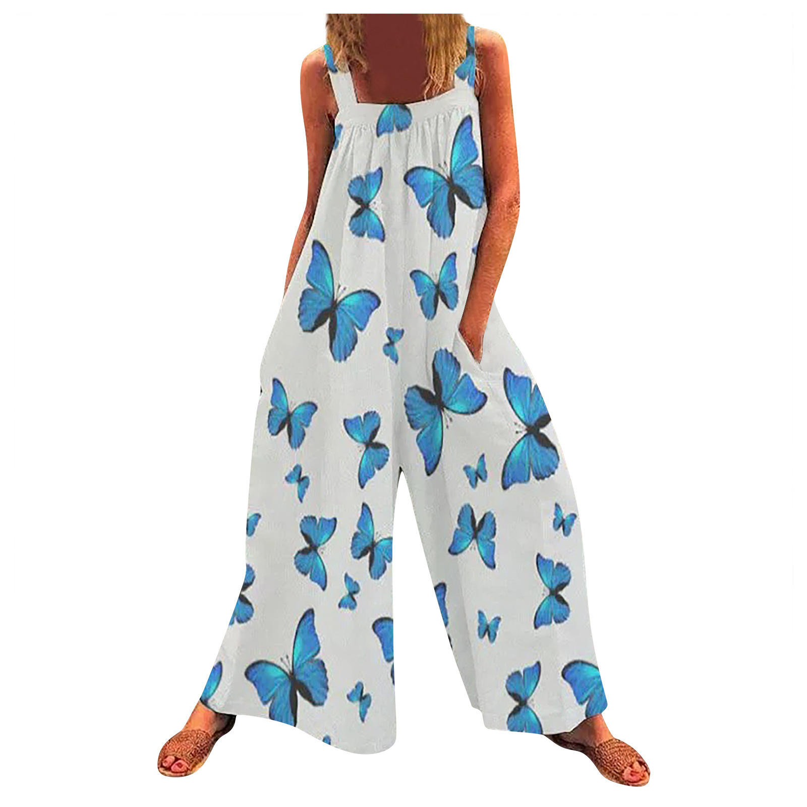Plus Size Floral Print Loose Wide-Leg Jumpsuit with Straps