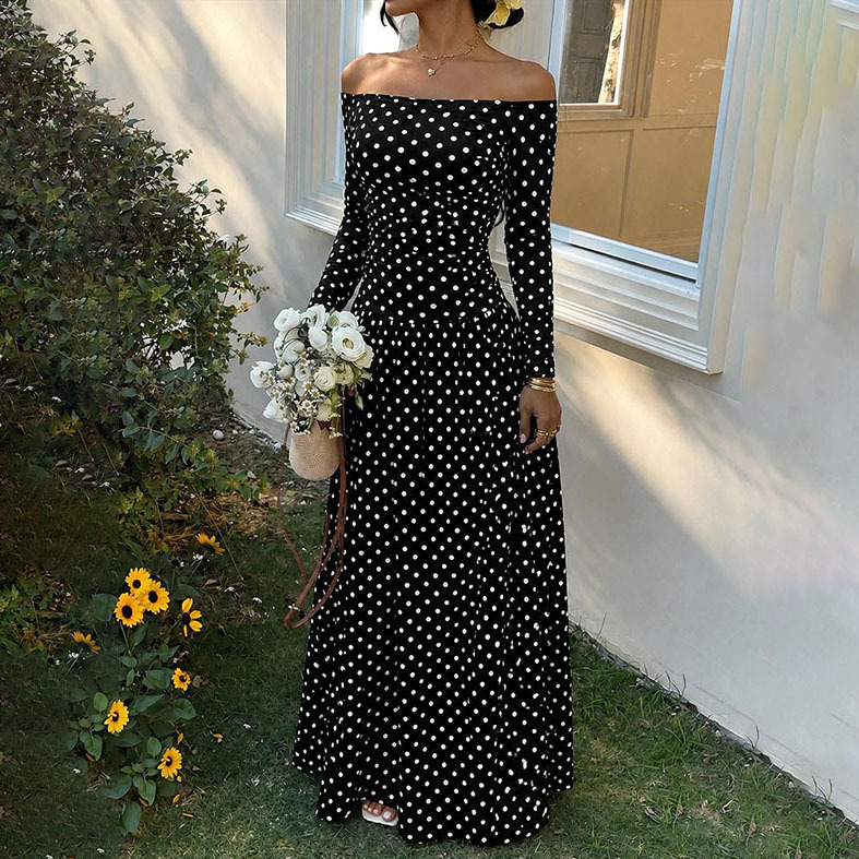 Women's Off-Shoulder Polka Dot Long Sleeve A-Line Dress
