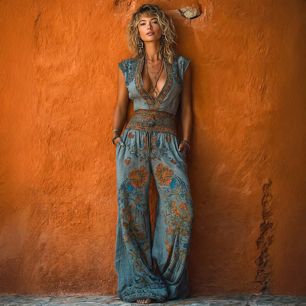 Women's Printed Sleeveless Shirt & Pants Set Casual Jumpsuit