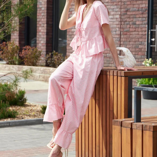 Women's V-Neck Striped Tie Shirt & Wide-Leg Pants Set