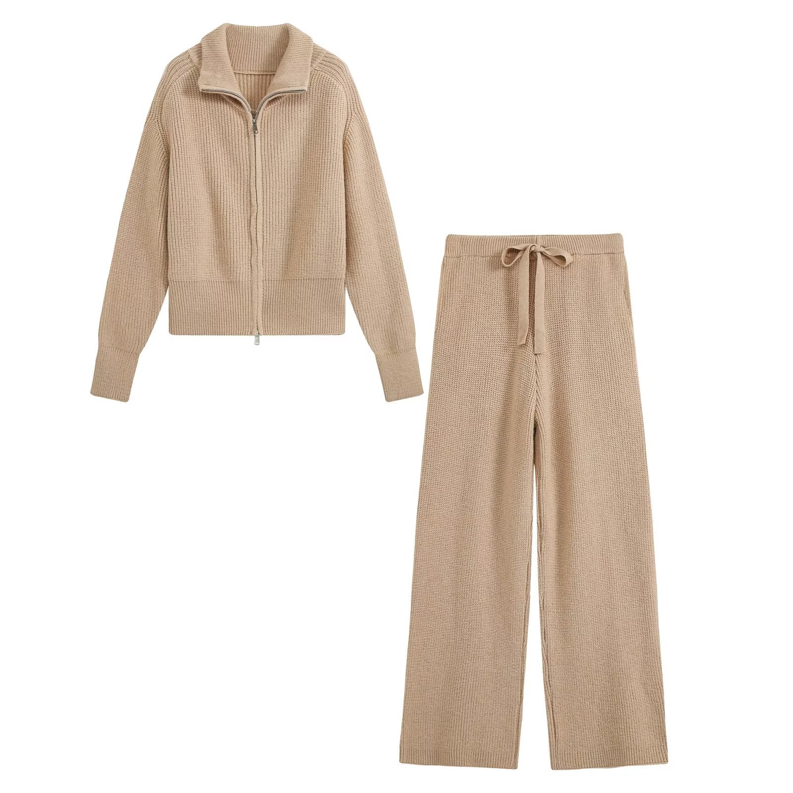 Women's Solid Color Zip Knit Two-Piece Pants Set
