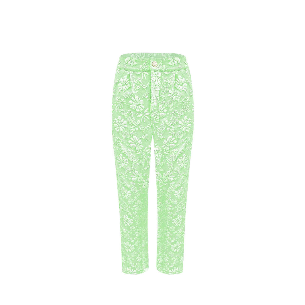 Floral Jacquard High-Waist Straight-Leg Pants with Pockets
