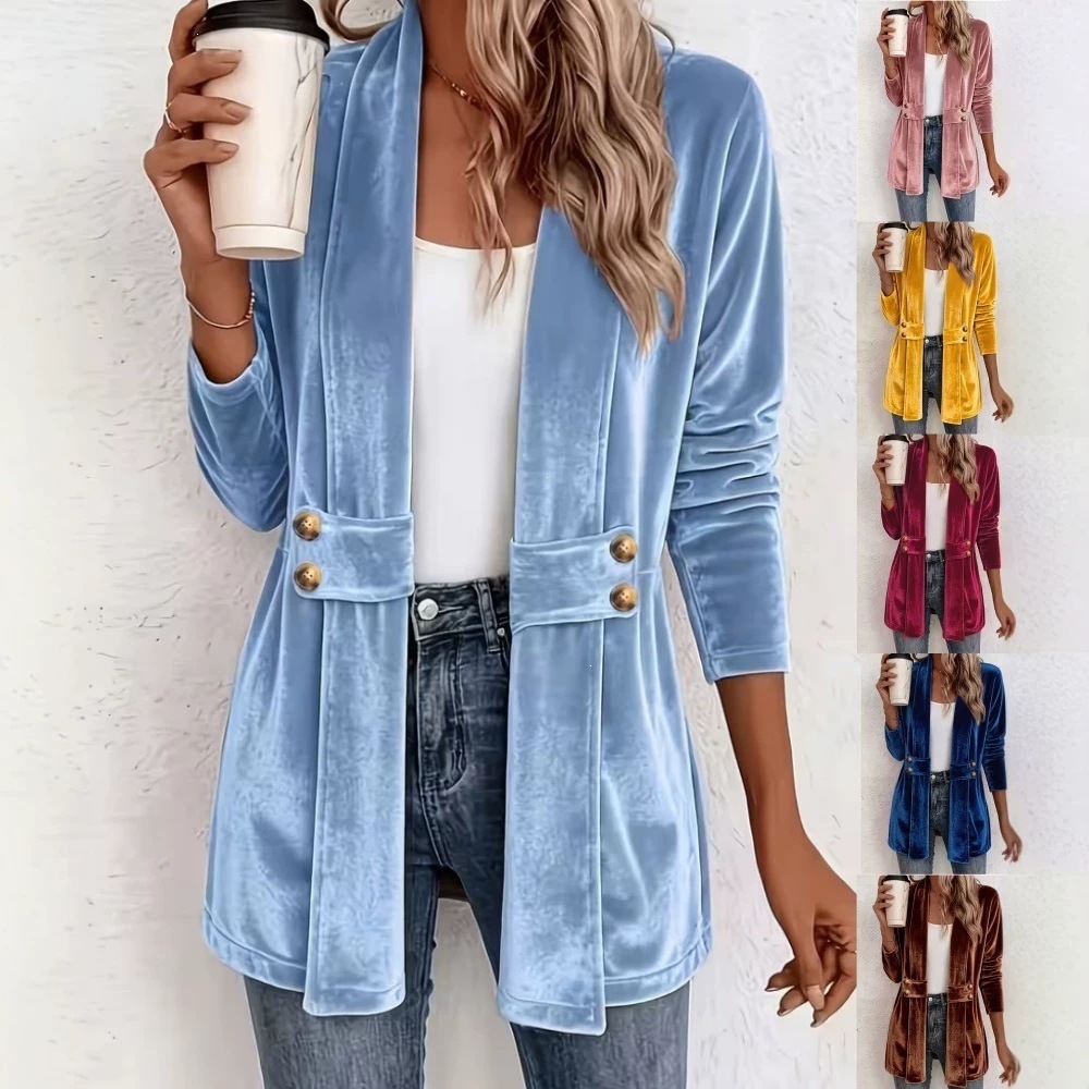 Women's Double-Breasted Velvet Cardigan Lazy Style Midi Top