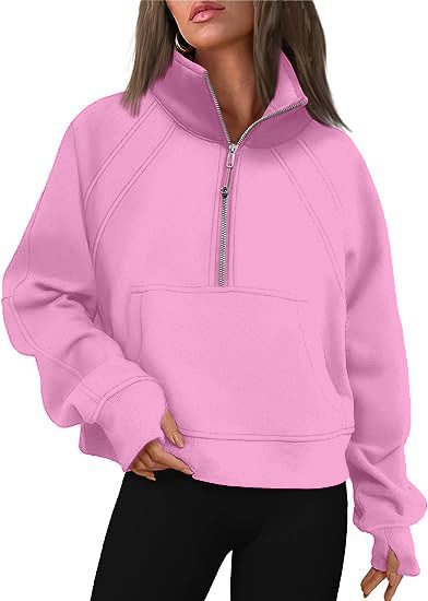 Women's Half-Zip Cropped Stand Collar Fleece-Lined Solid Hoodie