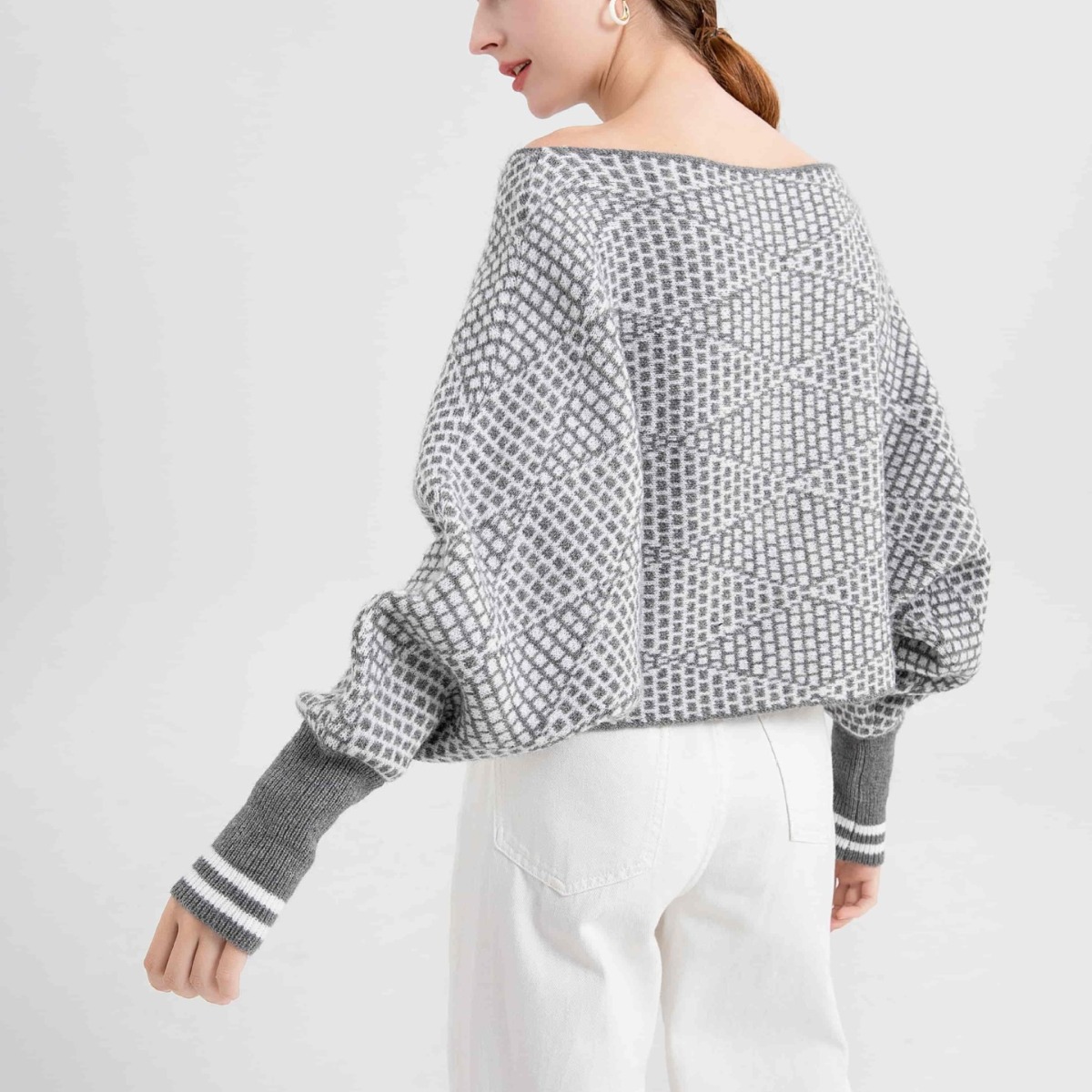 Off-Shoulder Plaid Wool Knit Sweater Long Sleeve Pullover