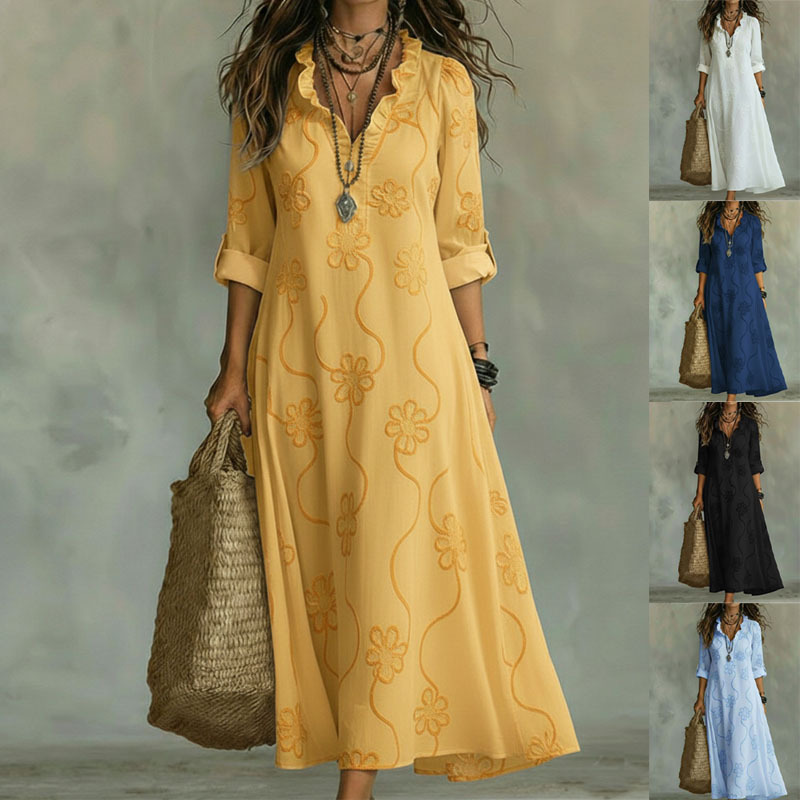 Bohemian Floral Print V-Neck Lace Trim Midi Dress
