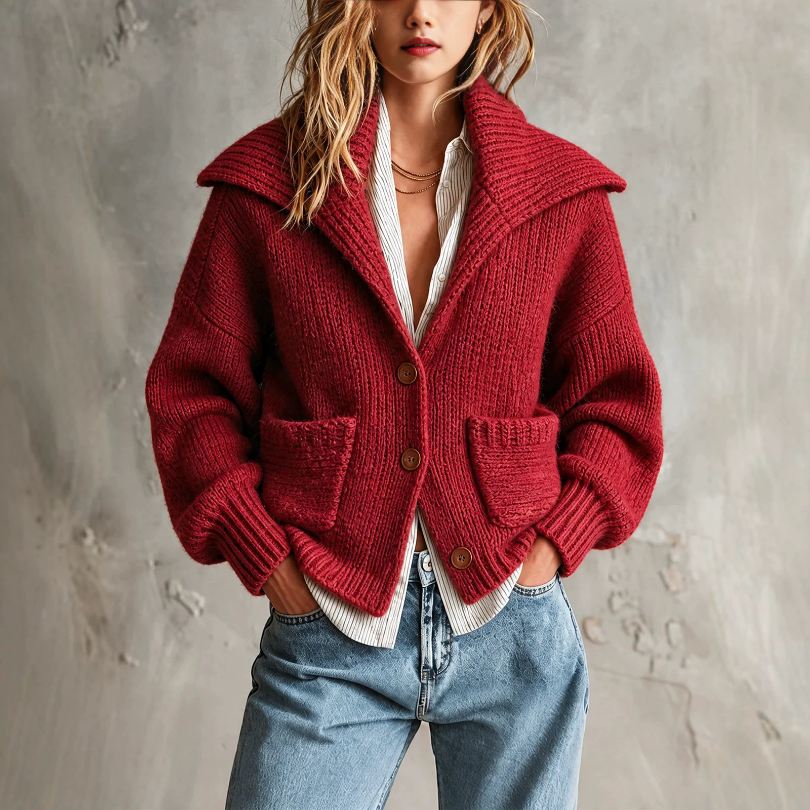 Women's Retro Cropped Knit Cardigan with Large Lapel Collar and Pockets