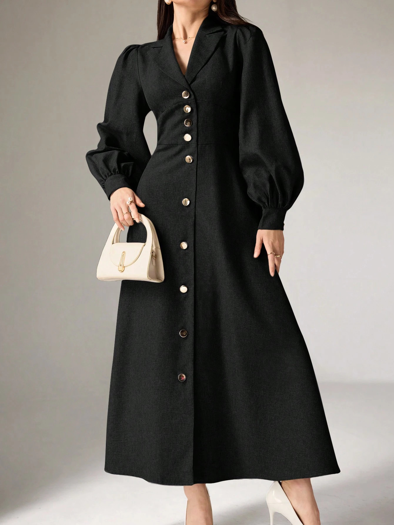 Women's Solid Color Lantern Sleeve V-Neck Long Dress