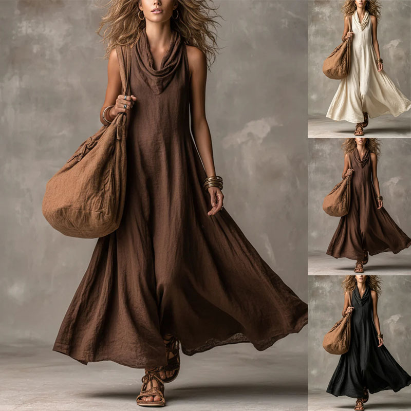 Women's Sleeveless Cowl Neck A-Line Maxi Dress Loose Fit