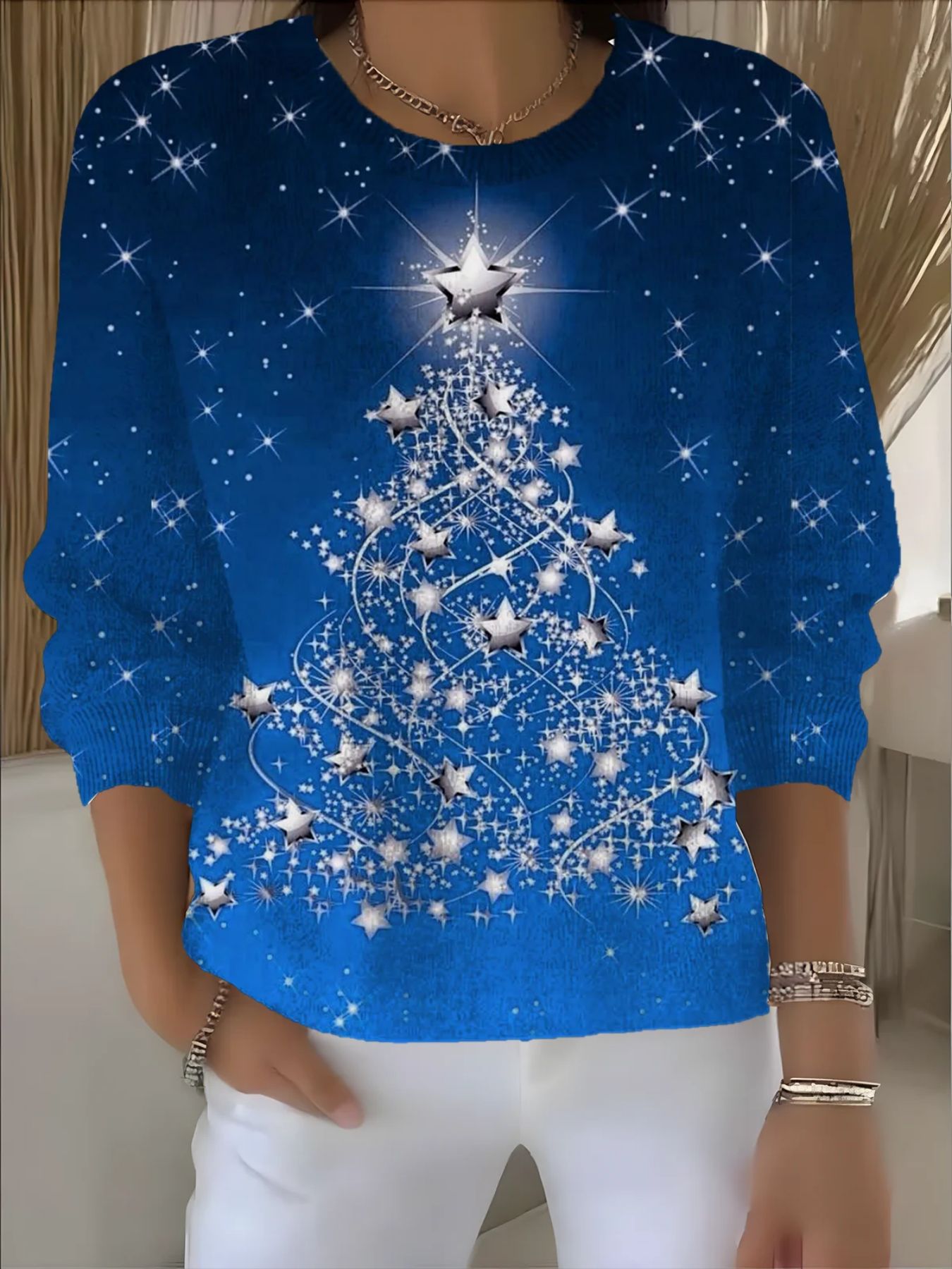 Christmas Star Tree Print Crewneck Long Sleeve Pullover Sweatshirt