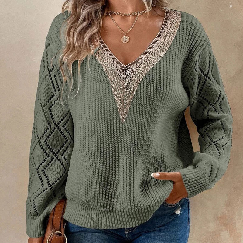 Women's Lace Trim V-Neck Long Sleeve Pullover Knit Sweater
