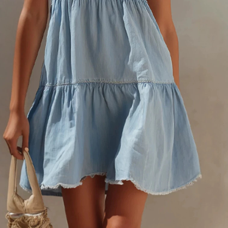 Light Blue Denim Sleeveless Mini Dress with Frayed Hem
