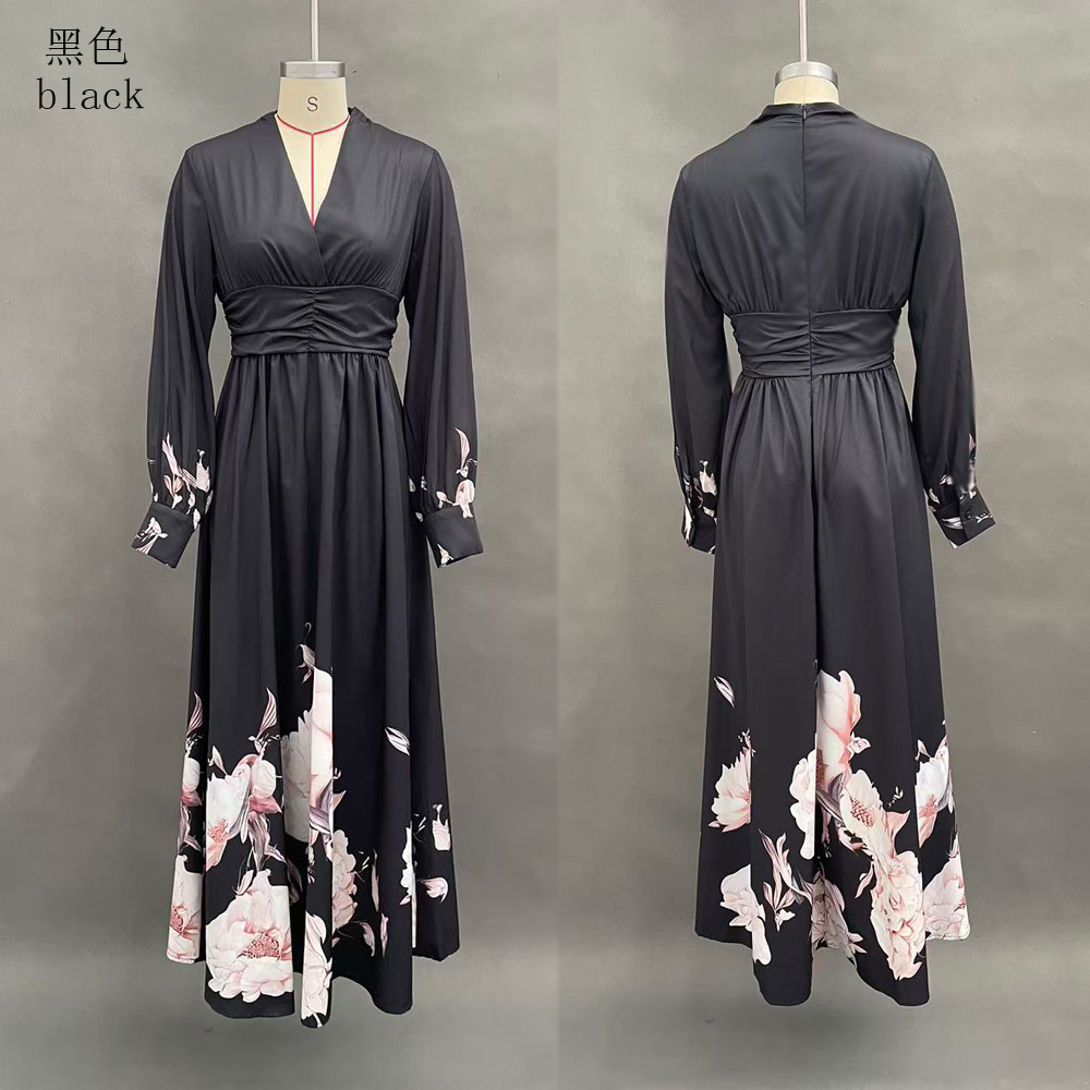 Long Mesh Panel French Slim Fit Floral Print Maxi Dress