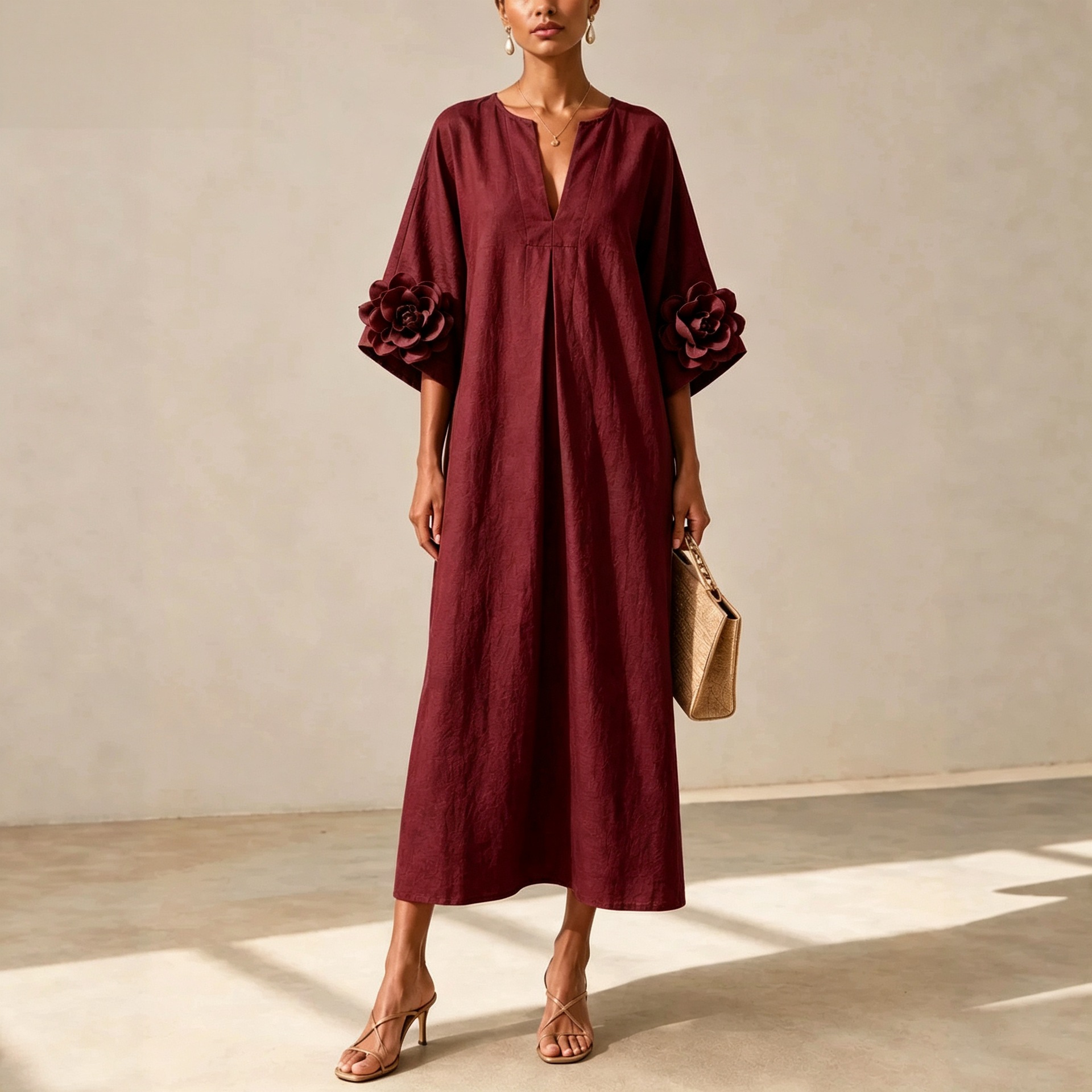 V-Neck Floral Midi Dress with Flared Sleeves