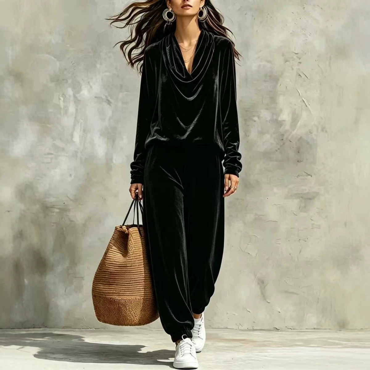 Women's Velvet Two-Piece Set with Cowl Neck Top and Jogger Pants
