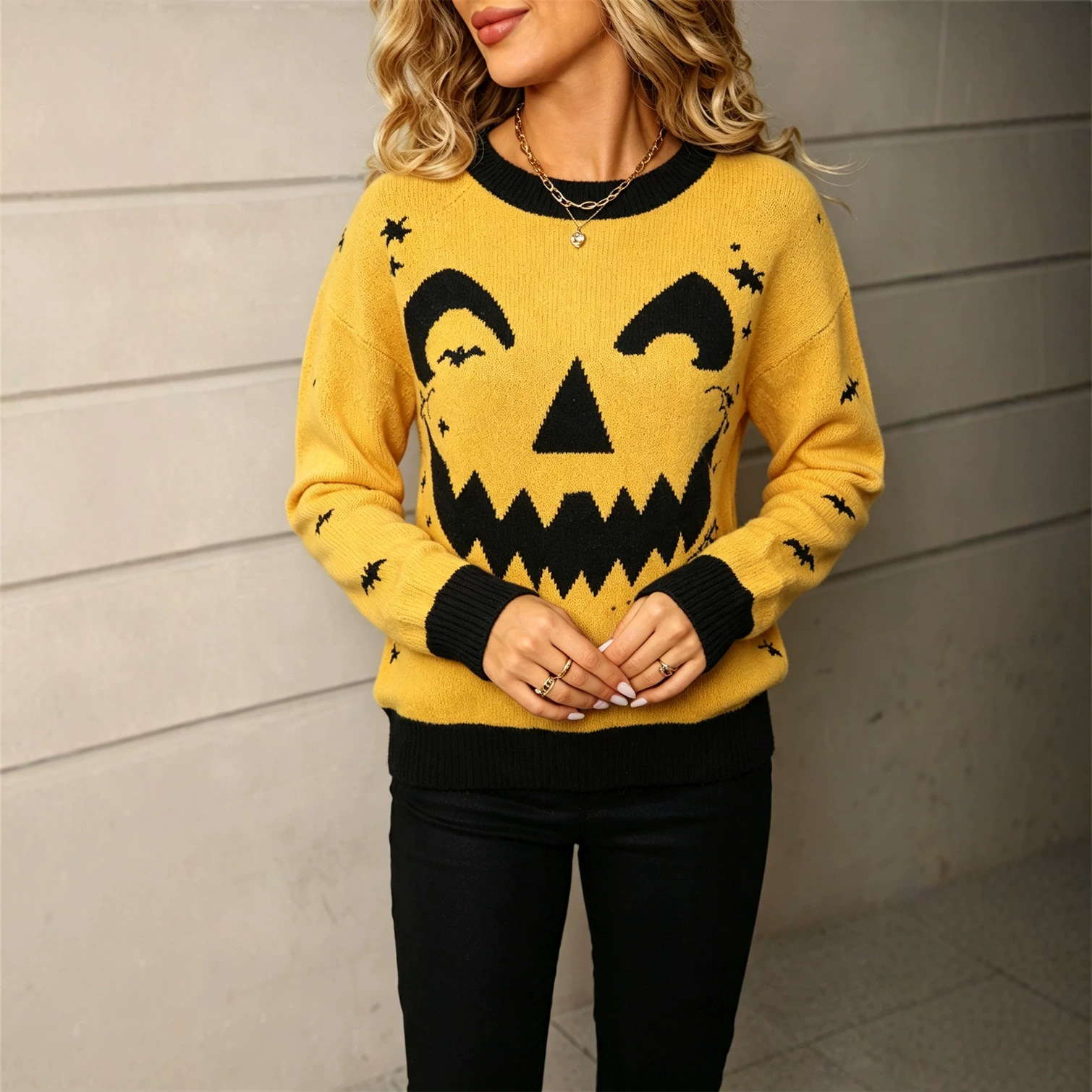 Bat Skull Colorblock Pullover Sweater