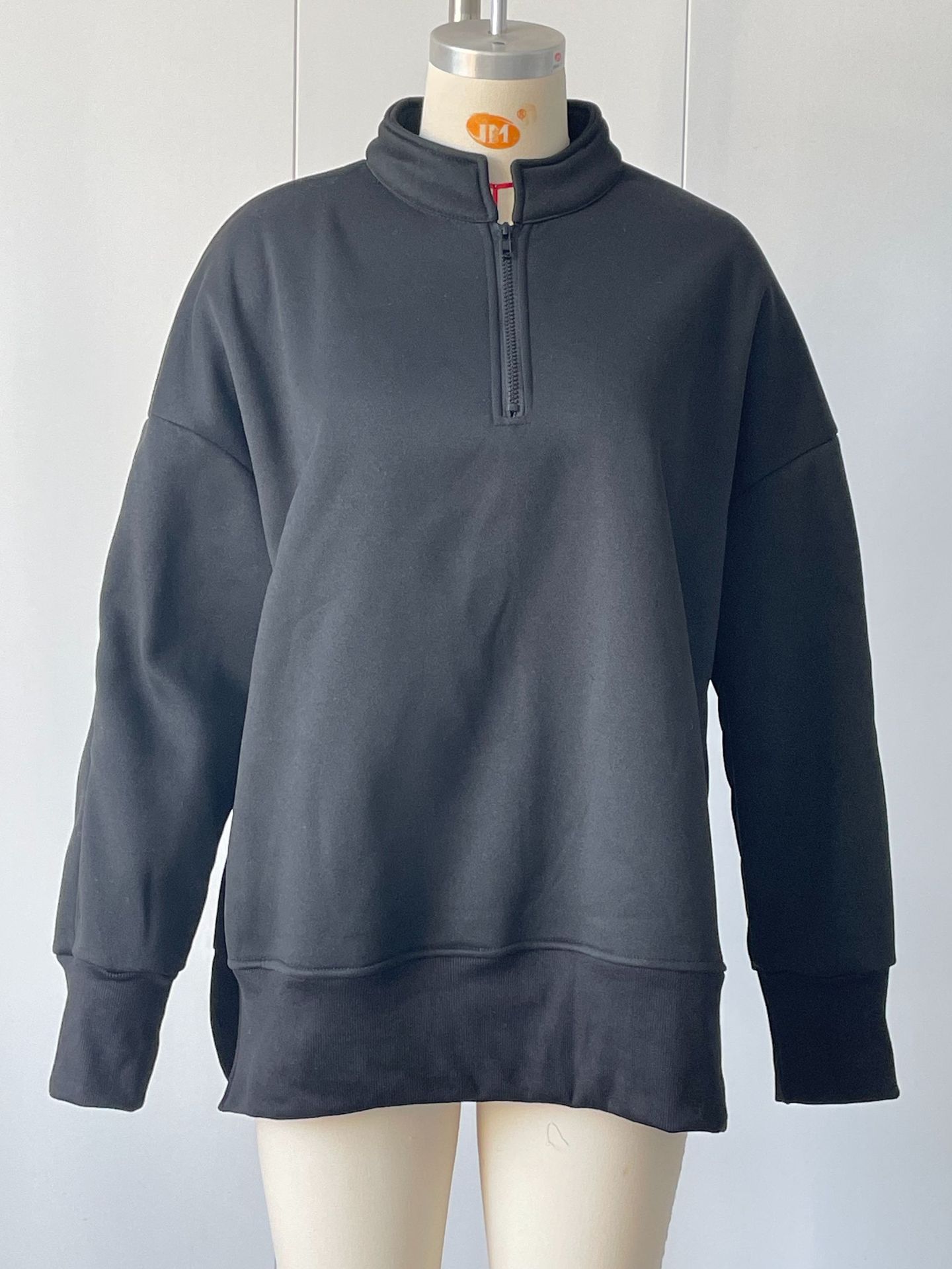 Side Slit Half-Zip Collared Solid Color Pullover Sweatshirt for Women