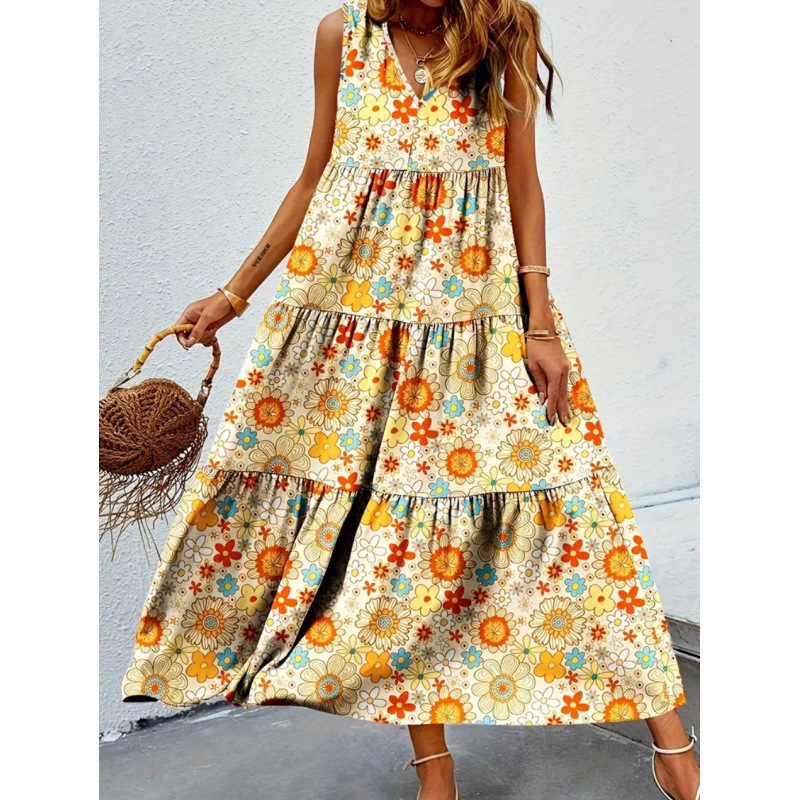Floral Print Sleeveless High Neck High Waist Maxi Dress