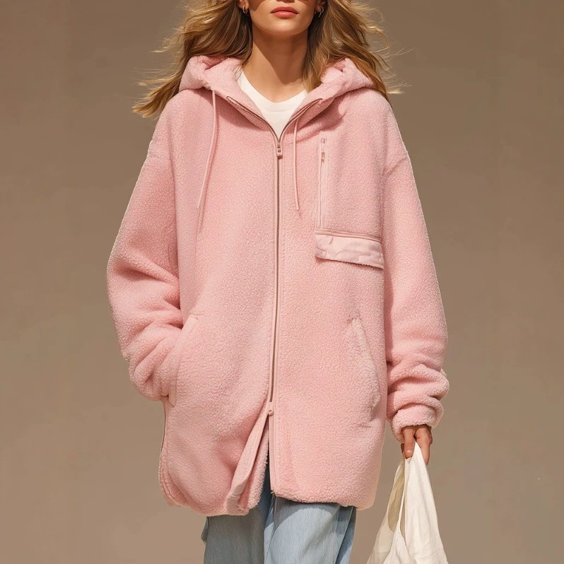 Women's Cherry Blossom Pink Hooded Fleece Mid-Length Coat