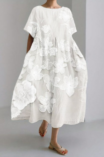 Women's Vintage Floral Print A-Line Midi Dress with U-Neck and Short Sleeves