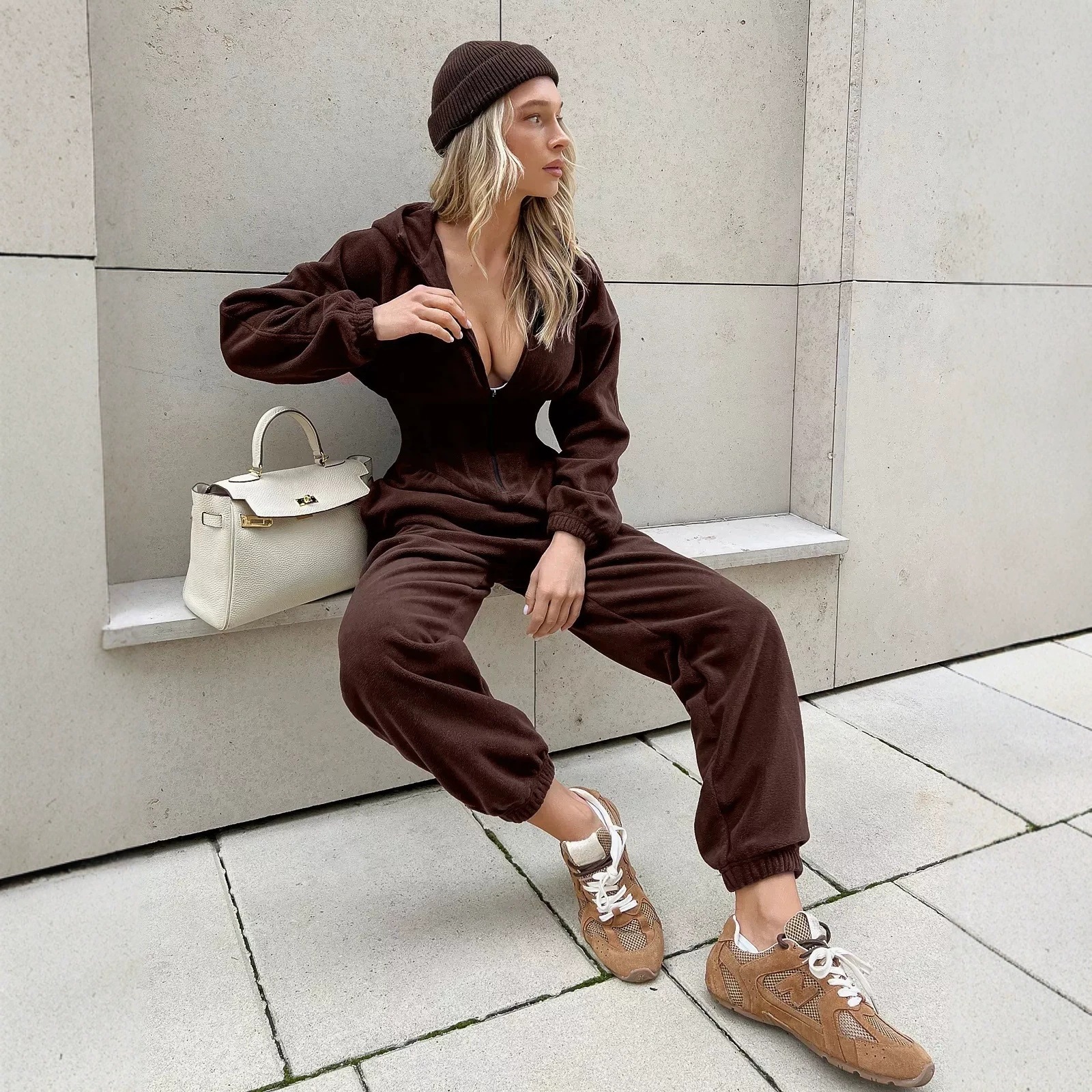 Women's Fleece Hooded Jumpsuit Long Sleeve Cinched Waist Tapered Leg