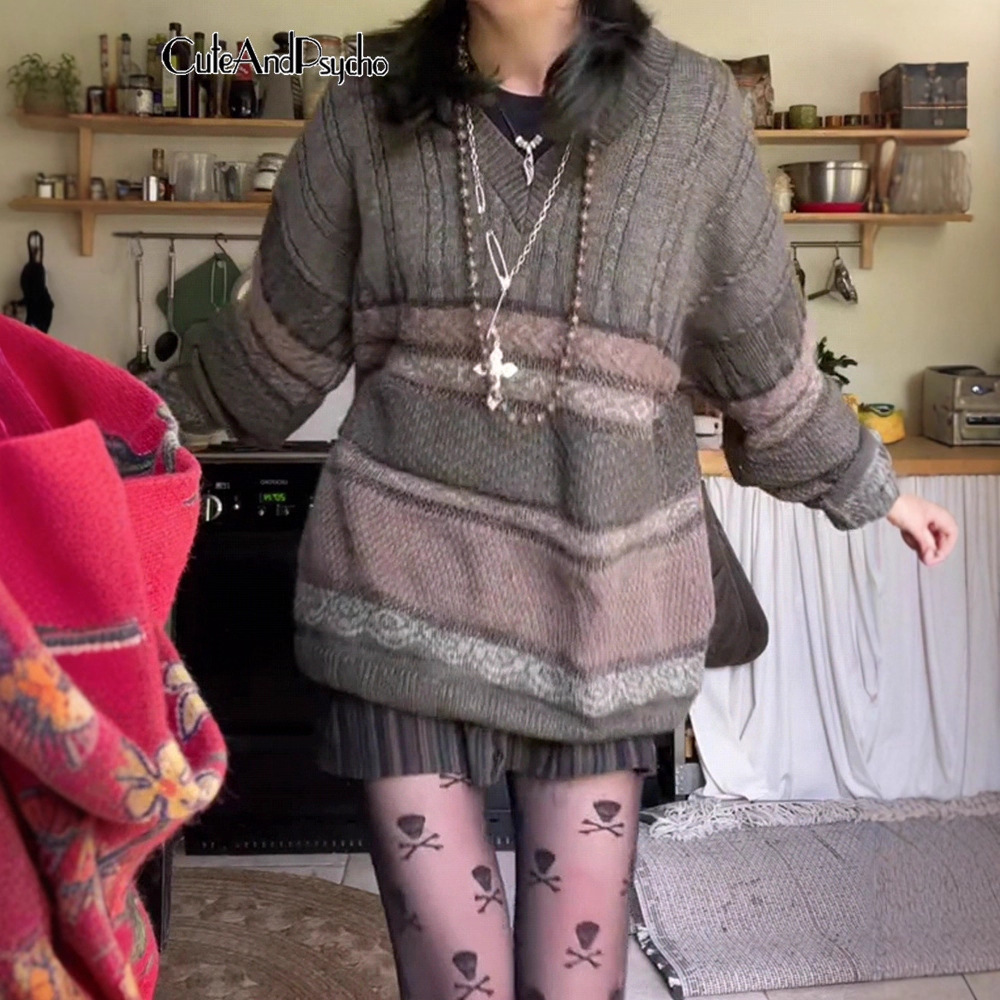 V-Neck Long-Sleeve Striped Color-Block Loose Knit Sweater