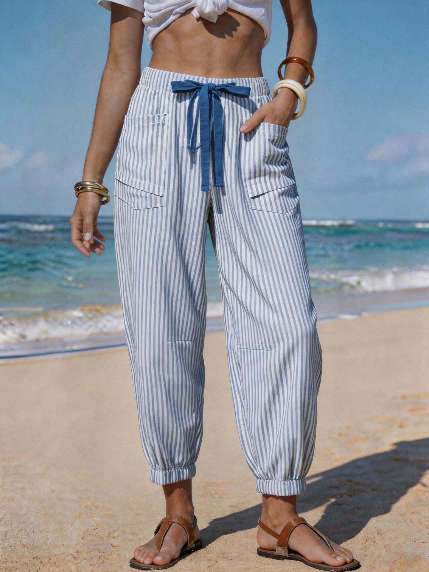 Women's Striped Linen-Like Cropped Pants with Drawstring and Pockets