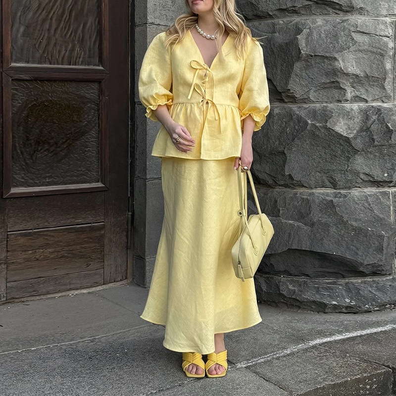 Elegant Solid V-Neck Tie Long Skirt Set