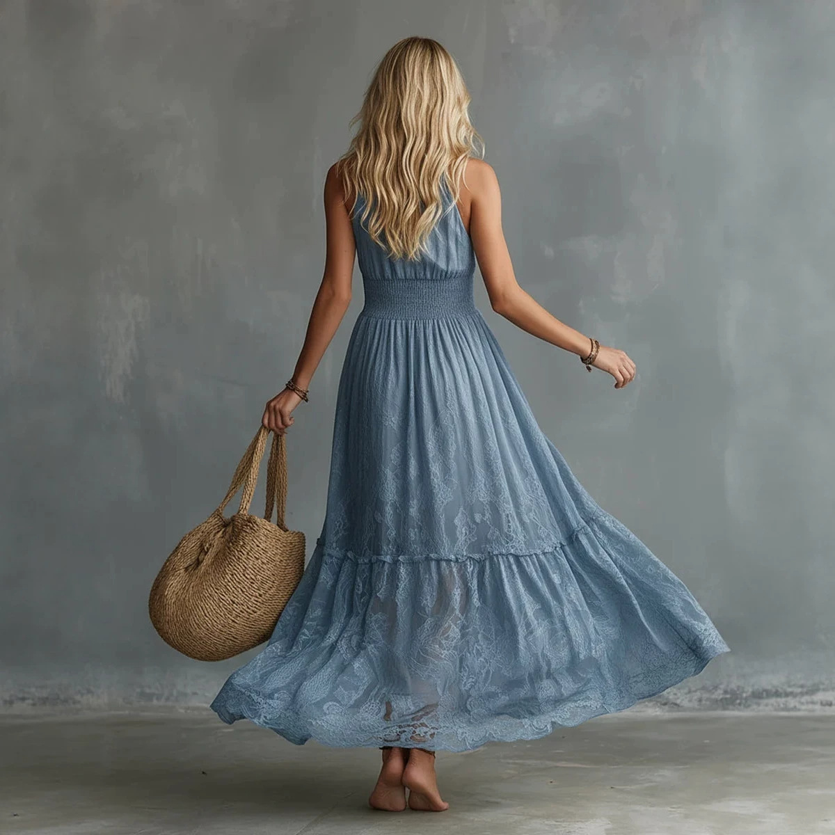 Women's Halter Neck Smocked Sleeveless Jacquard Long Dress