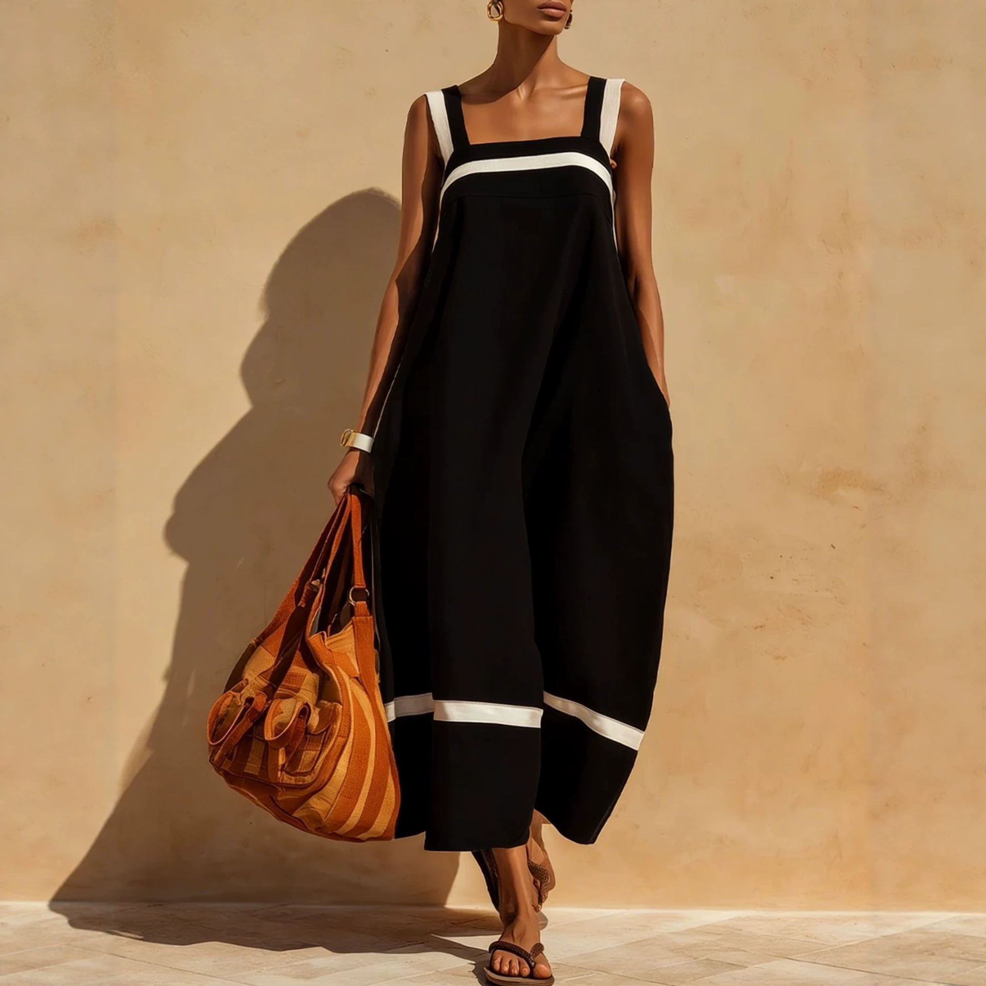 Cotton-Linen Blend Square Neck Striped Colorblock Sleeveless Casual Dress