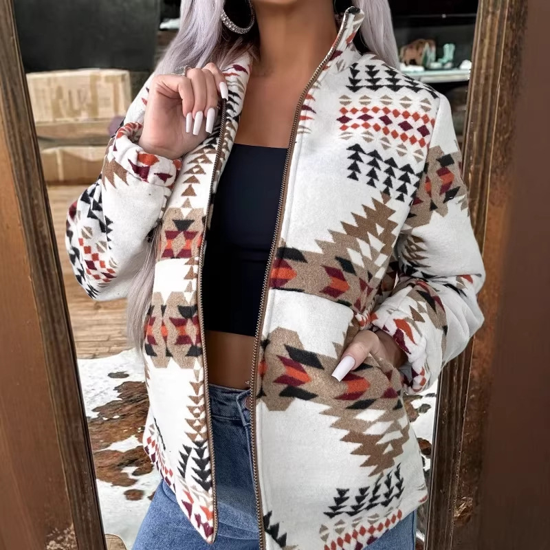 Western Print Zip-Up Cardigan Jacket