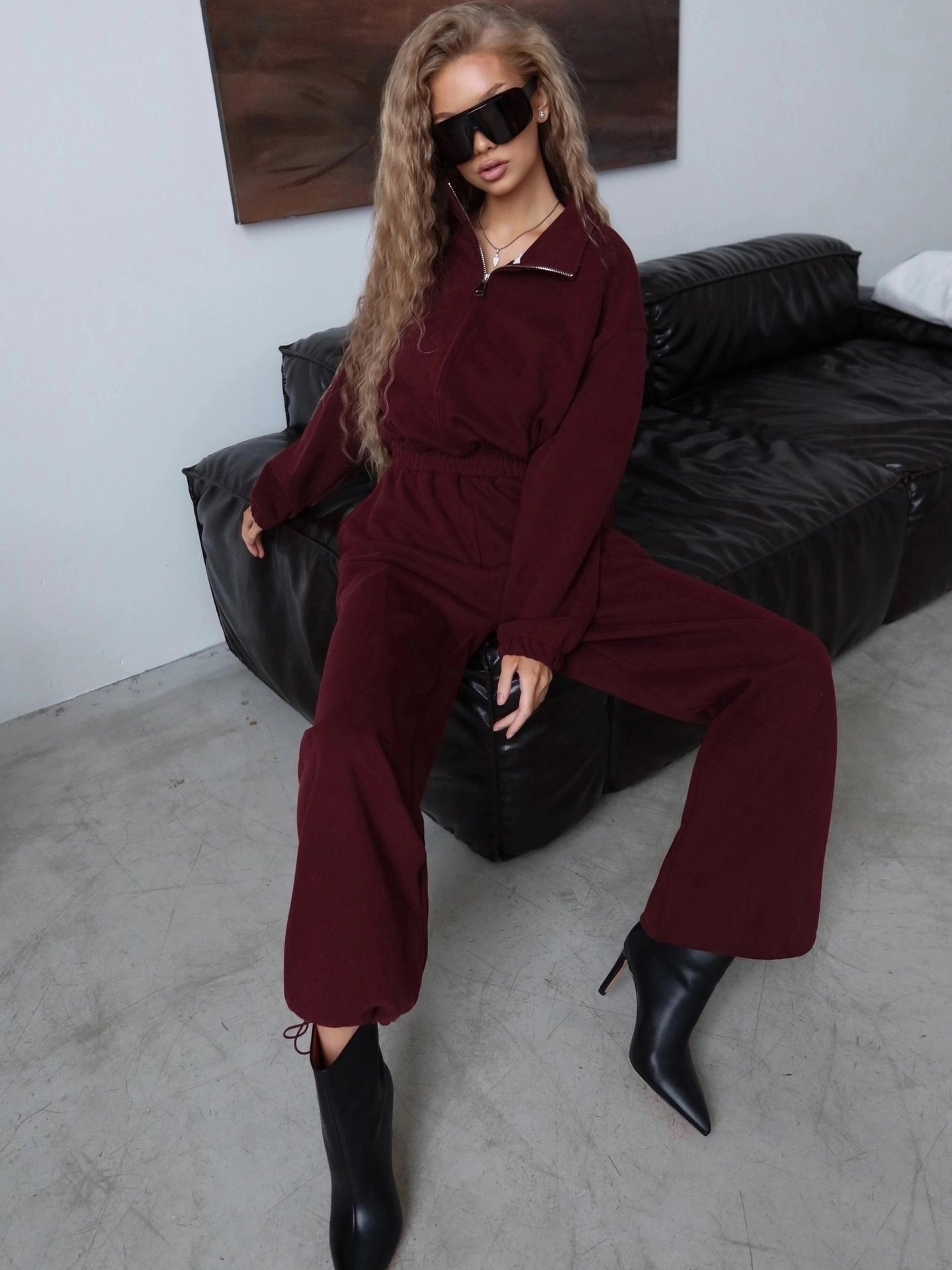 Women's Long Sleeve Zip Collar Jumpsuit Cotton Blend Solid Color