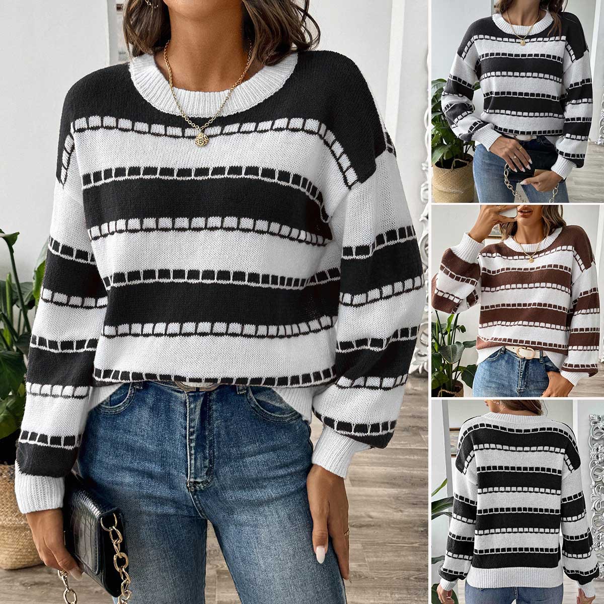 Striped Color-Block Knit Sweater, Long-Sleeve Pullover
