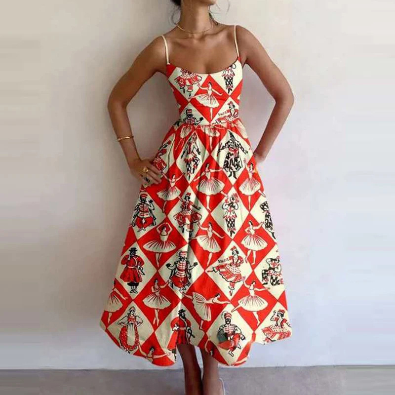 Women's Printed Sleeveless Ruched Waist Long Dress