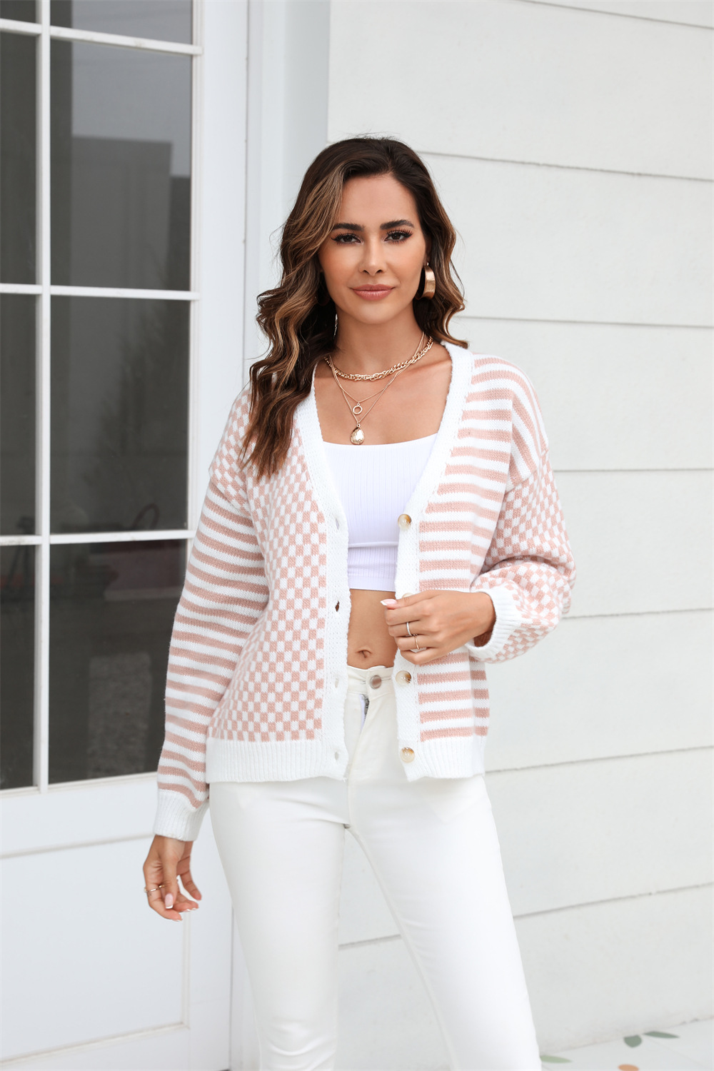 Plaid Striped Color-Block Knit Cardigan Sweater