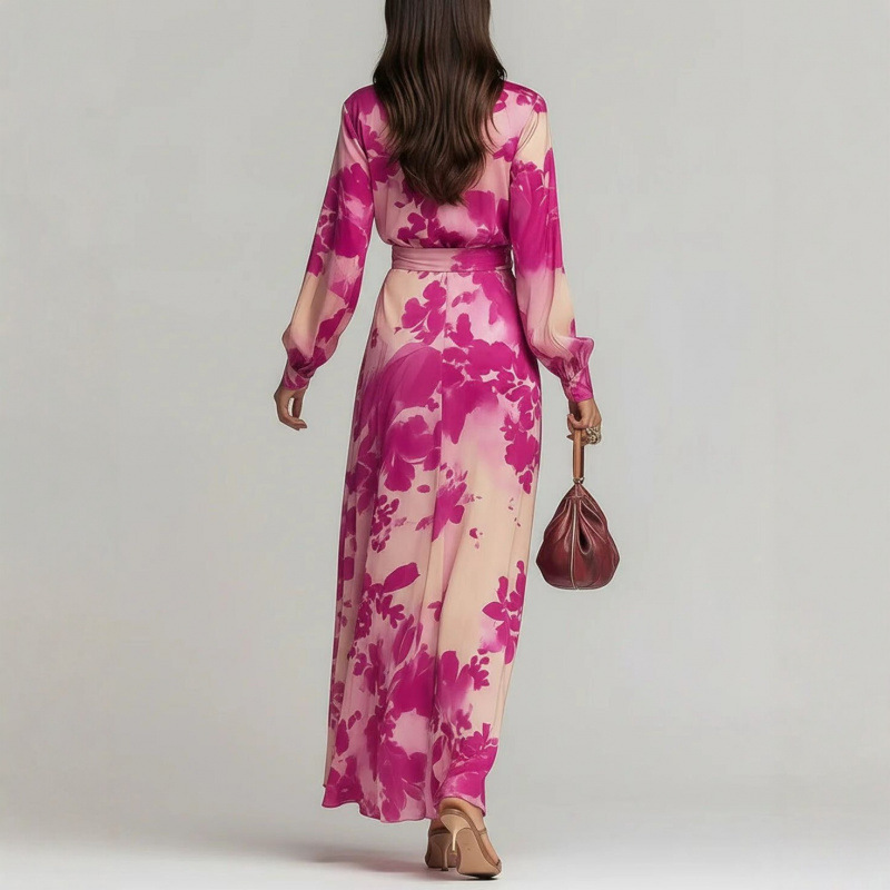 Elegant Floral Print Long Sleeve V-Neck Tie Dress