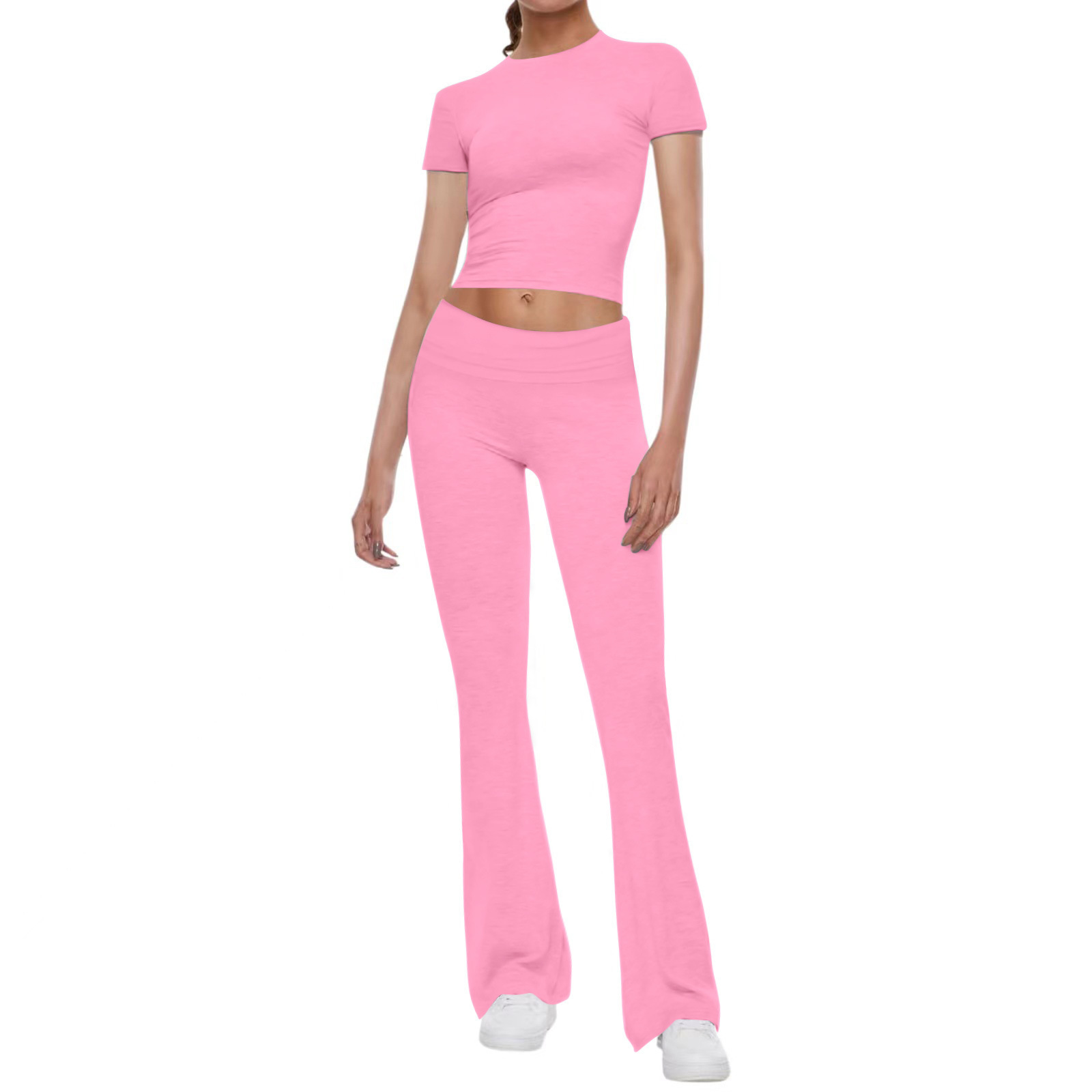 Solid Color Short Sleeve Crop Top and Pants Two-Piece Set