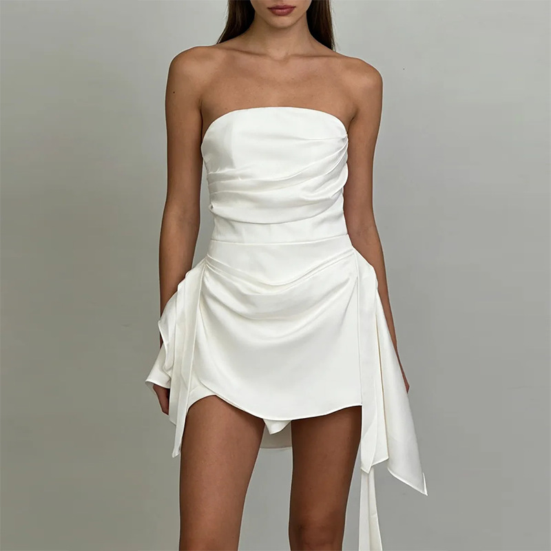 Women's Solid Color Strapless Waist-Cinched Short Dress