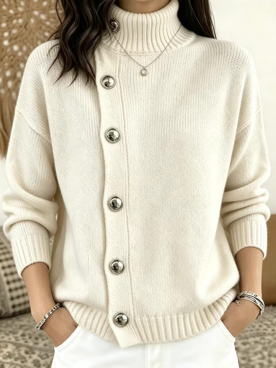 Metal Button Solid Color Loose Turtleneck Sweater