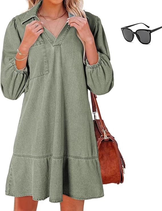 Women's Loose Denim Dress with V-Neck and 3/4 Bubble Sleeves