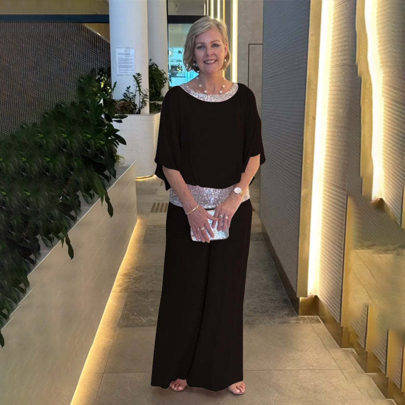 Women's Sequin Colorblock Batwing Top & Wide-Leg Pants Set