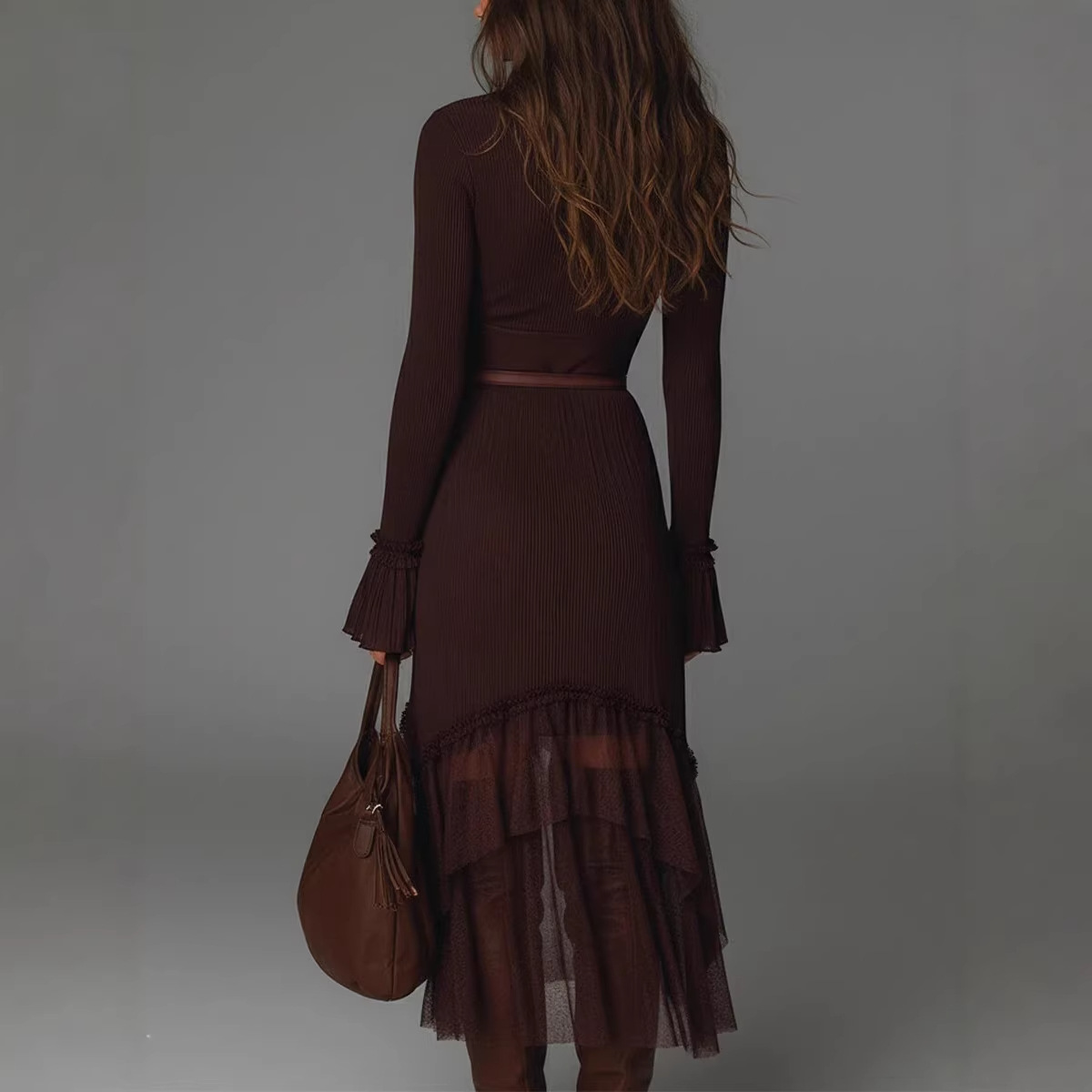 V-Neck Long Sleeve Mesh Panel Dress with Belt