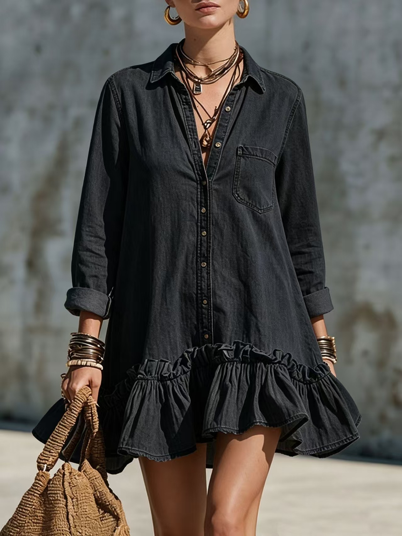 Retro Button-Front Shirt Dress with Ruffle Hem, Loose Fit, Long Sleeve, Short Length