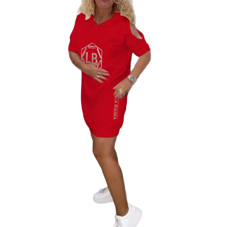 Women's Summer Letter Print Hooded Loose Dress with Pockets