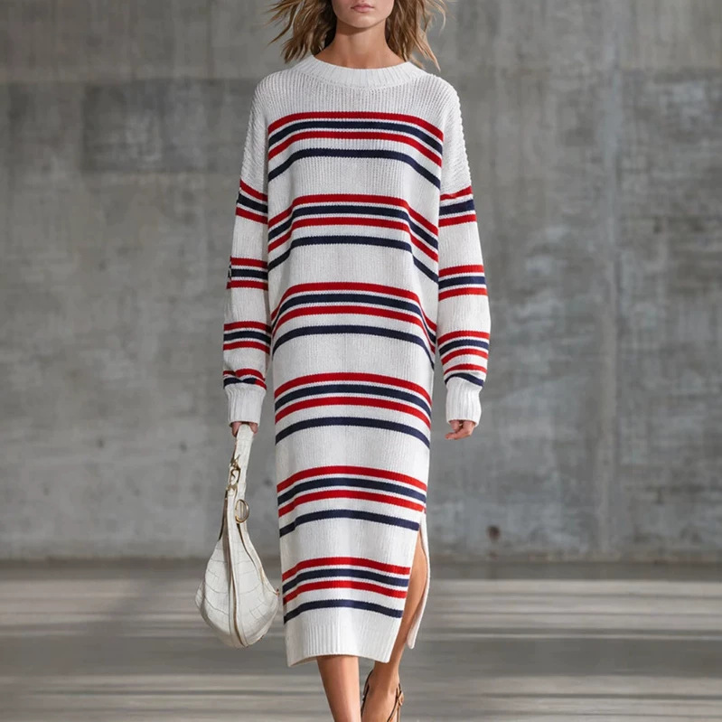 Retro Striped Long Sleeve Slit Midi Dress