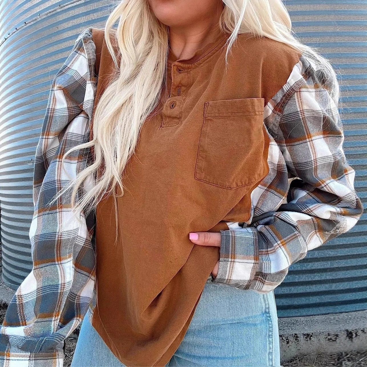 Women's Casual Half-Open Collar Plaid Spliced Sweatshirt