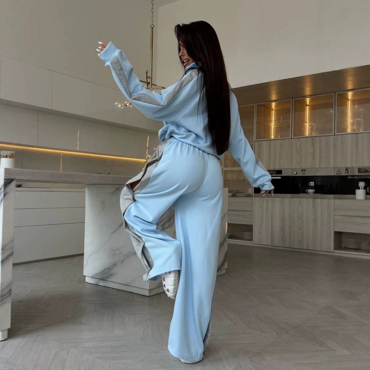 Women's Color-Block Long-Sleeve Half-Button Pant Set