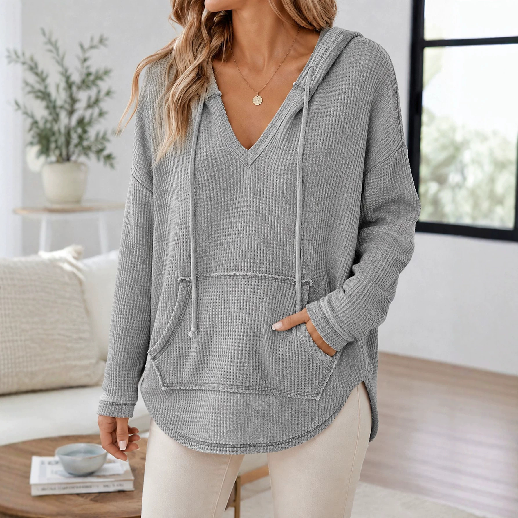 Women's Waffle Knit Hooded Sweatshirt Long Sleeve Casual Pullover