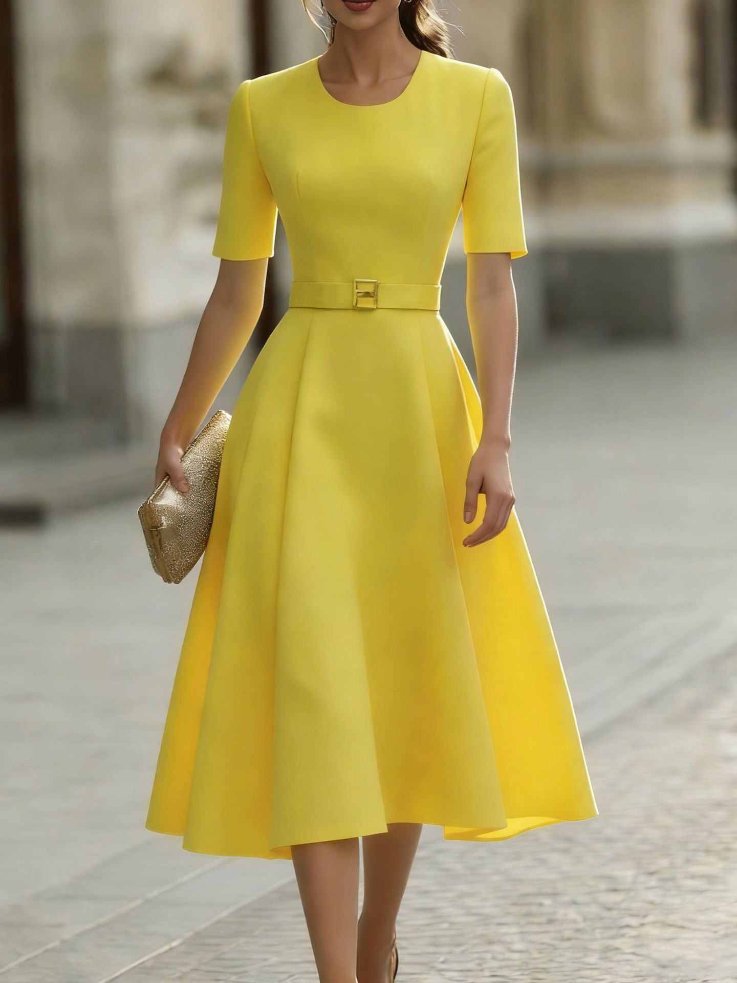 Elegant Solid Crewneck Mini Dress with Belt