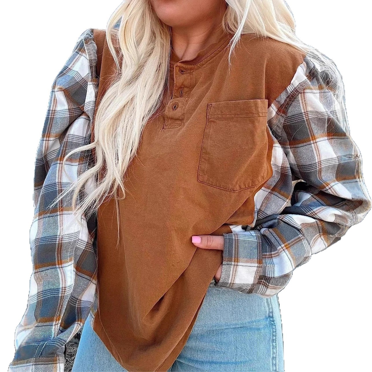 Women's Casual Half-Open Collar Plaid Spliced Sweatshirt